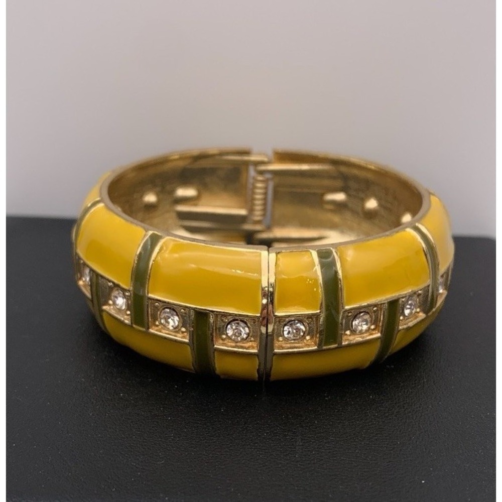 Chunky Gold Tone & Yellow & Green Enamel Hinged Bangle Bracelet With Rhinestones - Picture 2 of 4